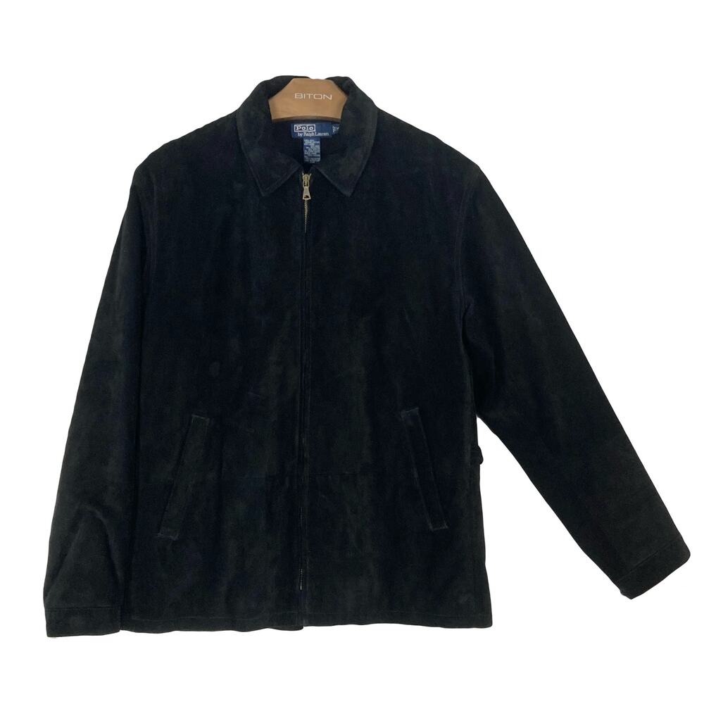 POLO RALPH LAUREN Jacket Men M Vintage Suede-Leather Black Zip Wool-blend-Lining